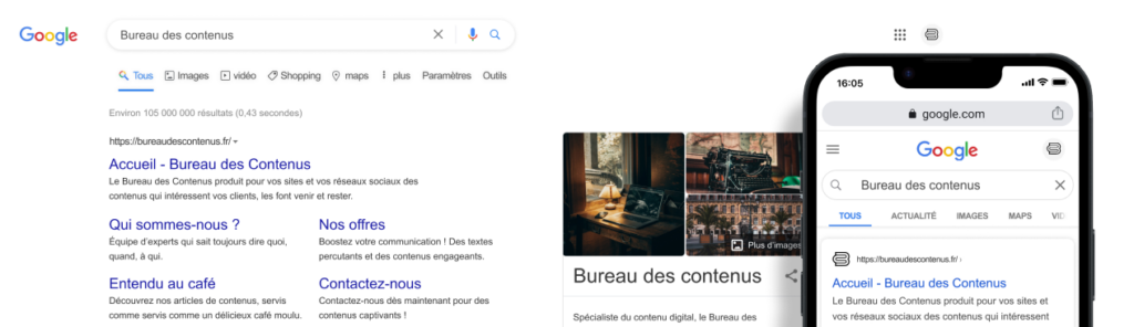 Aperçu d'une recherche Google du site web du Bureau des Contenus sur ordinateur et sur mobile
